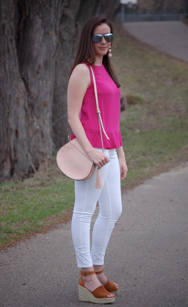 pink top with white jeans